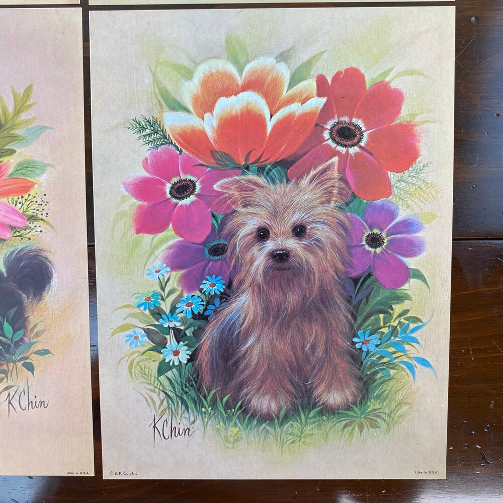 Vintage Puppy Dog Animal Litho Prints 1970s 12"x9” Set of 4 Floral Flawless - Picture 3 of 8